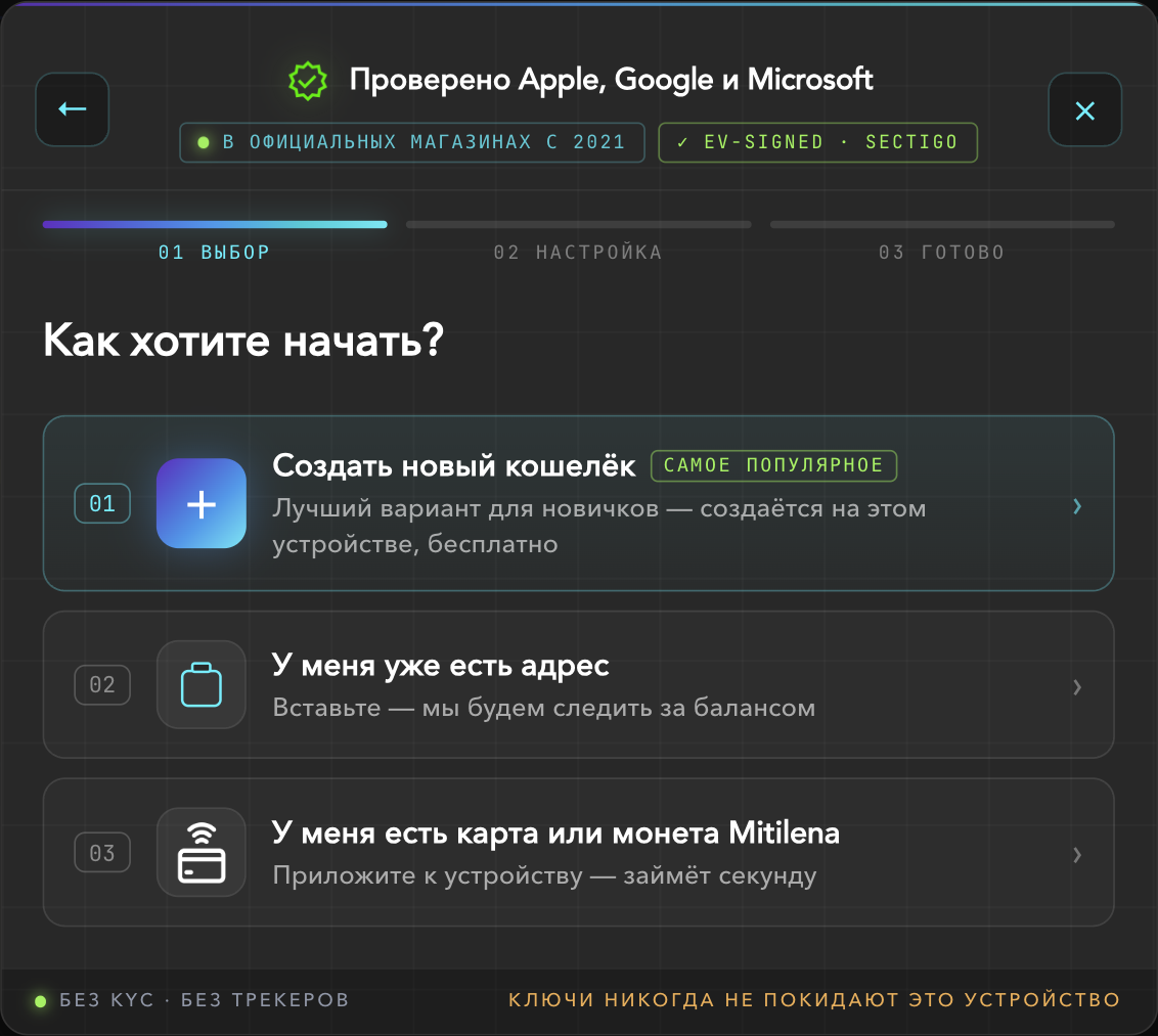 Οθόνη «Πώς θέλεις να ξεκινήσεις;» με επιλογή «Δημιούργησε νέο πορτοφόλι»